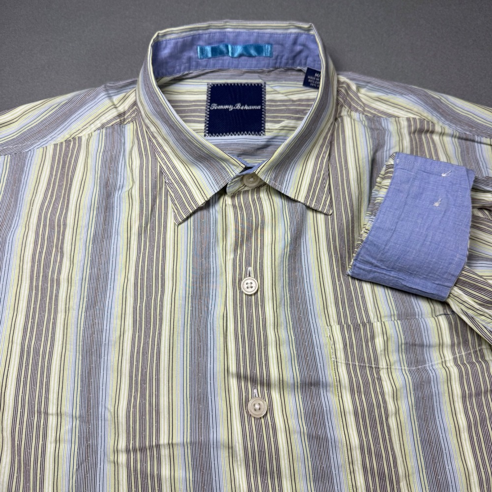 Tommy Bahama Mens Medium Striped Cotton Silk Long Sleeve Button Down Shirt Multi